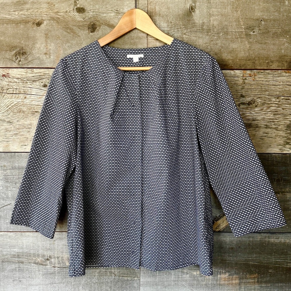COS Womens Geometric Print Tailored Blouse 10 Navy White Office Chic Academia